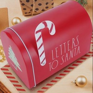 Rae Dunn red metal mailbox with white LL LETTERS TO SANTA with candy cane flag.